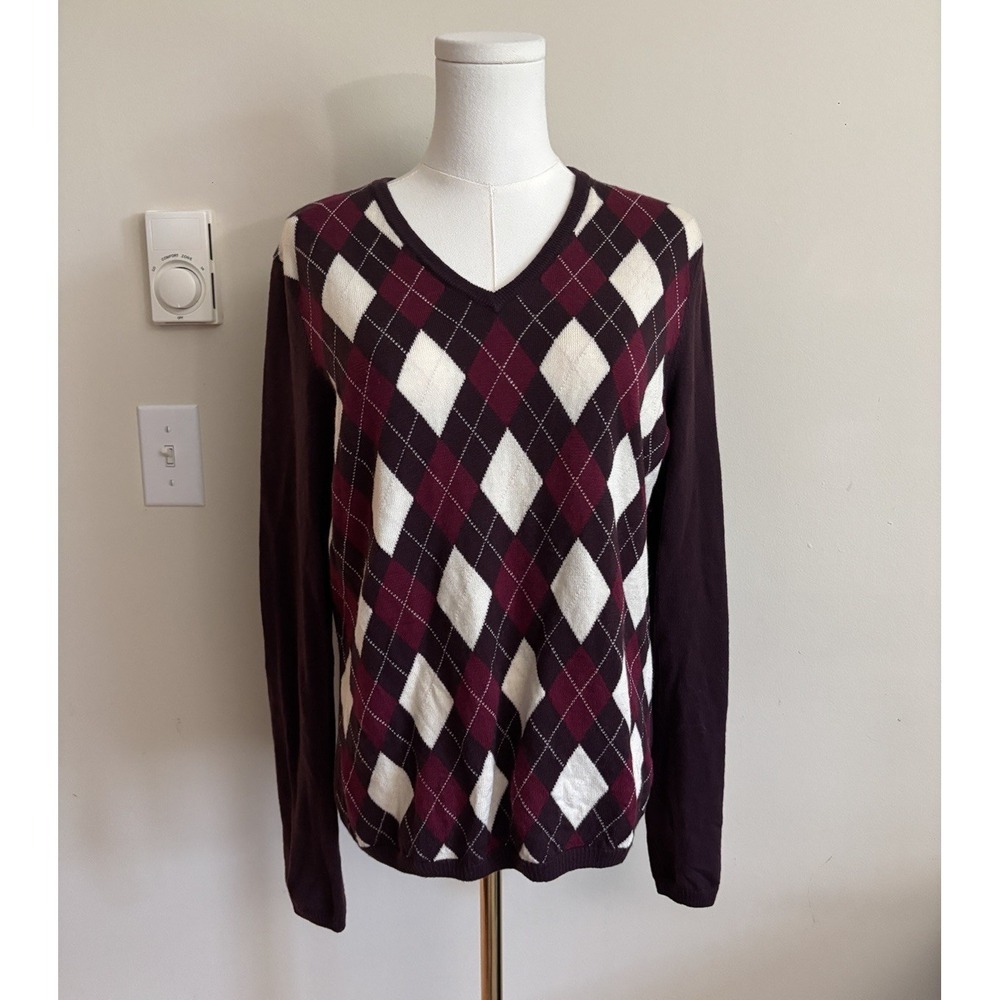 Brooks Brothers‎ Womens XL Argyle Sweater V Neck Purple Cream WOOL Preppy Career